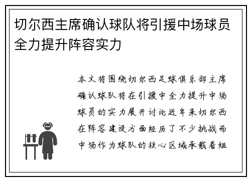 切尔西主席确认球队将引援中场球员全力提升阵容实力