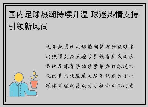 国内足球热潮持续升温 球迷热情支持引领新风尚