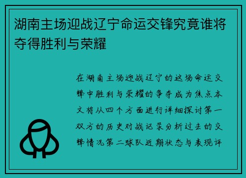 湖南主场迎战辽宁命运交锋究竟谁将夺得胜利与荣耀