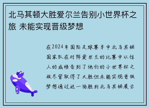 北马其顿大胜爱尔兰告别小世界杯之旅 未能实现晋级梦想