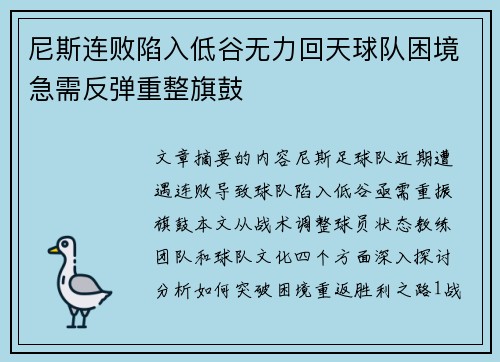 尼斯连败陷入低谷无力回天球队困境急需反弹重整旗鼓