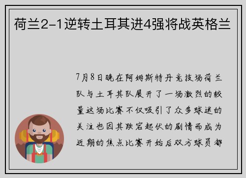 荷兰2-1逆转土耳其进4强将战英格兰