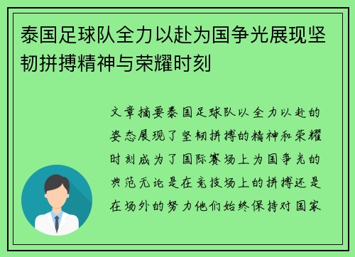 泰国足球队全力以赴为国争光展现坚韧拼搏精神与荣耀时刻