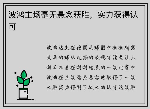 波鸿主场毫无悬念获胜，实力获得认可
