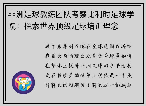非洲足球教练团队考察比利时足球学院：探索世界顶级足球培训理念
