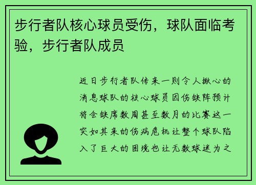 步行者队核心球员受伤，球队面临考验，步行者队成员