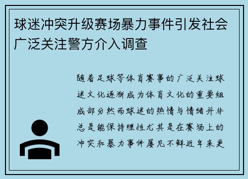 球迷冲突升级赛场暴力事件引发社会广泛关注警方介入调查