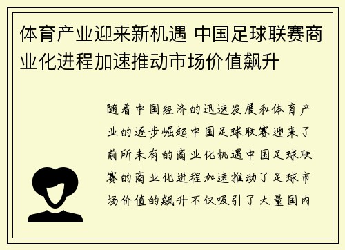 体育产业迎来新机遇 中国足球联赛商业化进程加速推动市场价值飙升